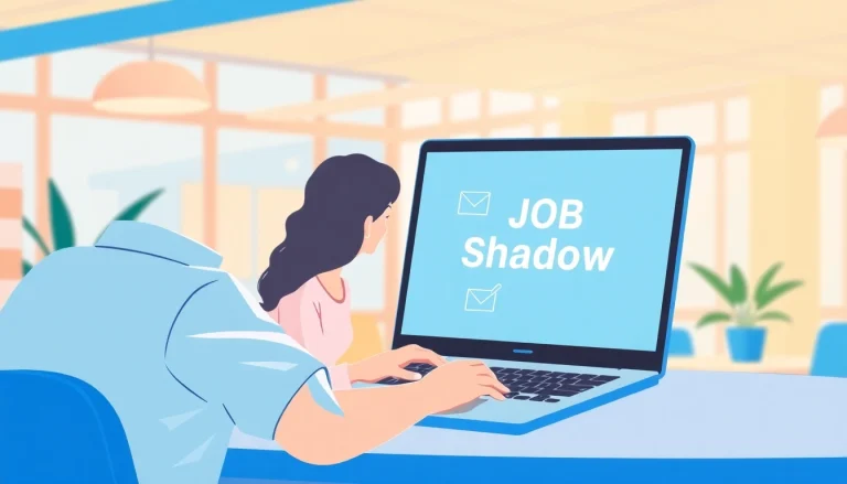 Engage in virtual job shadowing by observing a professional working on a laptop in a bright office.