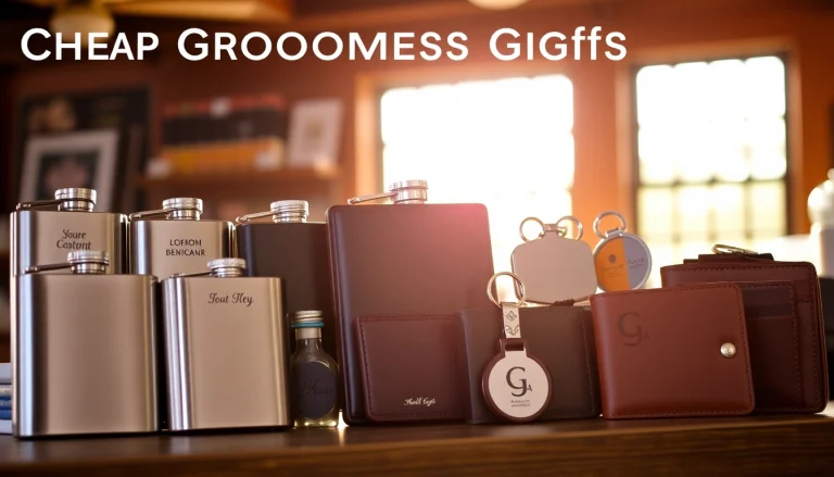 Showcasing cheap groomsmen gifts like flasks and personalized keychains in a rustic display.