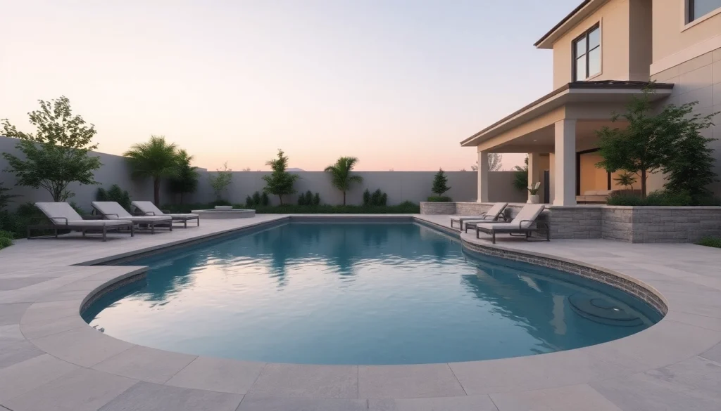 Enhance your backyard with exquisite Hardscapes & Pools, showcasing a luxurious stone patio and sparkling water.