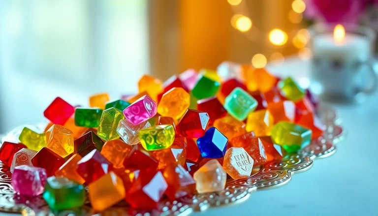 Indulge in colorful crystal candy displayed beautifully, showcasing its vibrant textures and hues.