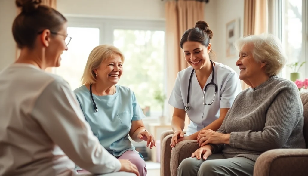 Caregivers providing ambulanter pflegedienst Castrop Rauxel services to elderly clients in a warm home setting.