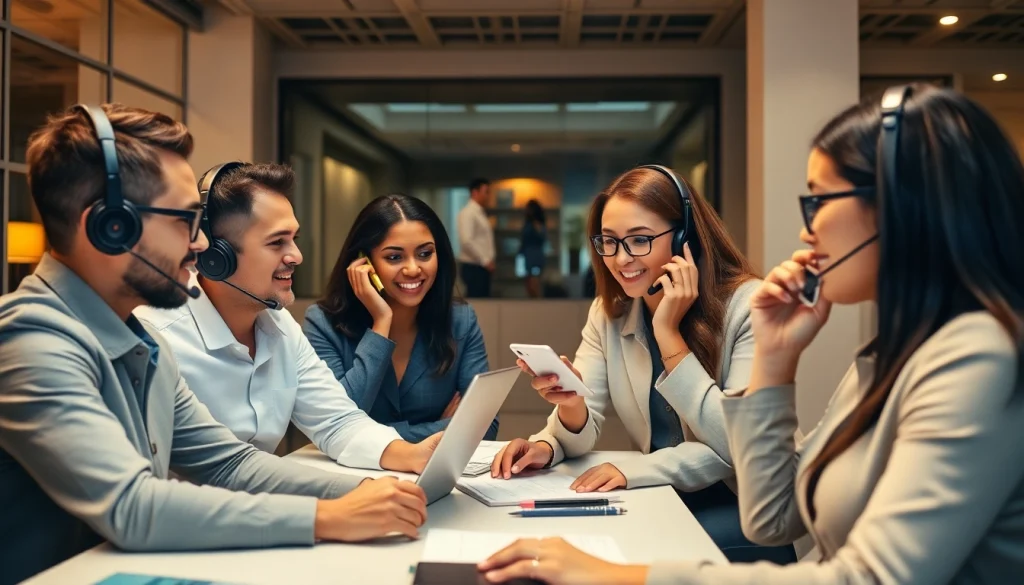 Wholesale real estate cold callers actively discussing strategies in a vibrant office setting.