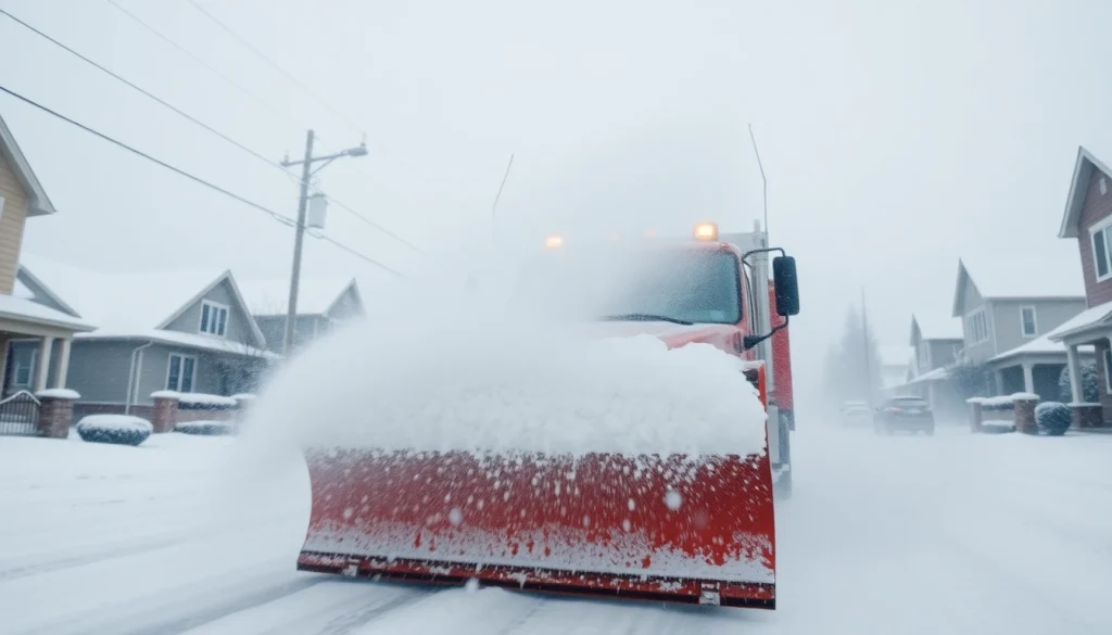 Snow plowing action on a residential street with a snowplow clearing heavy snow.