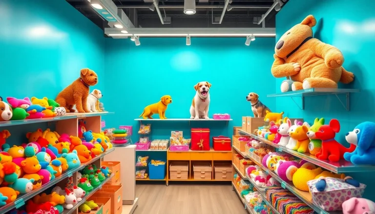 Showcase a variety of pet toys enticing playful dogs in a vibrant pet store display.