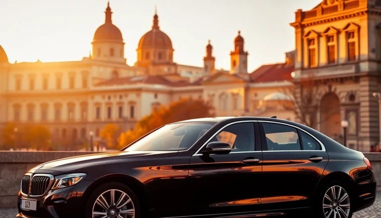 Experience a cheap chauffeur service Prague with our elegant black sedan amidst historic architecture.