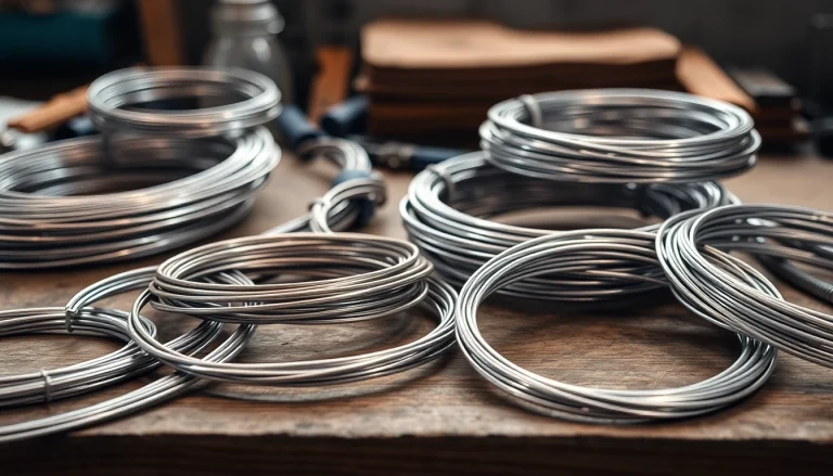 View various types of stainless steel wire displayed on a workbench highlighting their diverse textures and strengths.