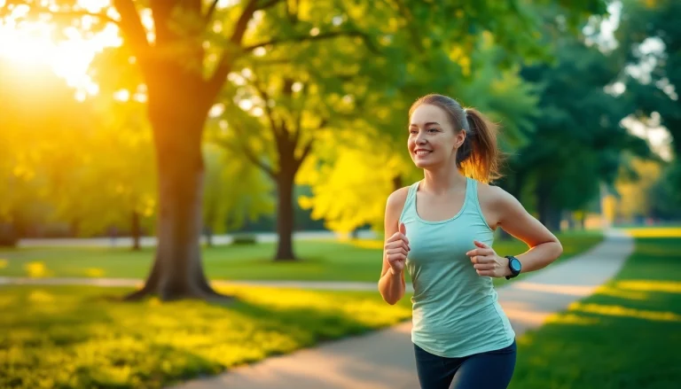 Promote health by showcasing a woman jogging in a bright park, symbolizing an active lifestyle and well-being.