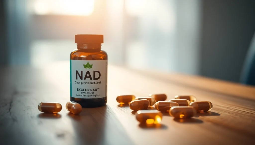 Boost energy and wellness with NAD supplement capsules set on a wooden background.