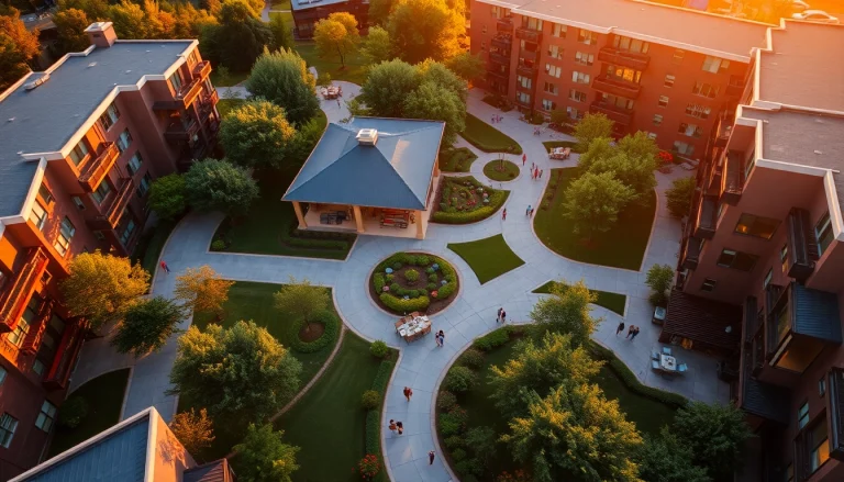 Visitors admiring the beautiful landscape of Margaret Drive Residence at sunset, showcasing its vibrant community.