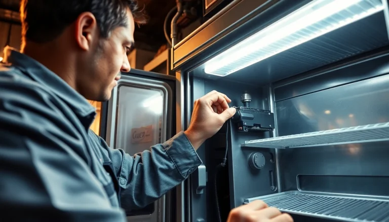 Technician engaged in soda cooler repair by checking the compressor components.