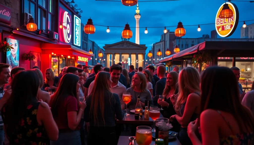 Experience a bustling afterwork party in Berlin with lively ambiance and social interaction.