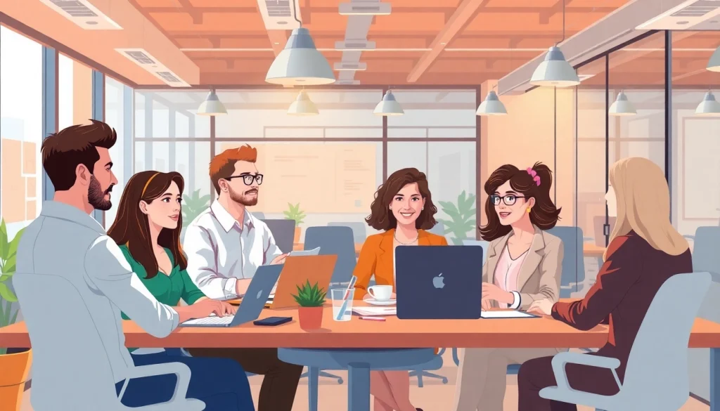 Professionals brainstorming outsourcing solutions in a modern office environment.