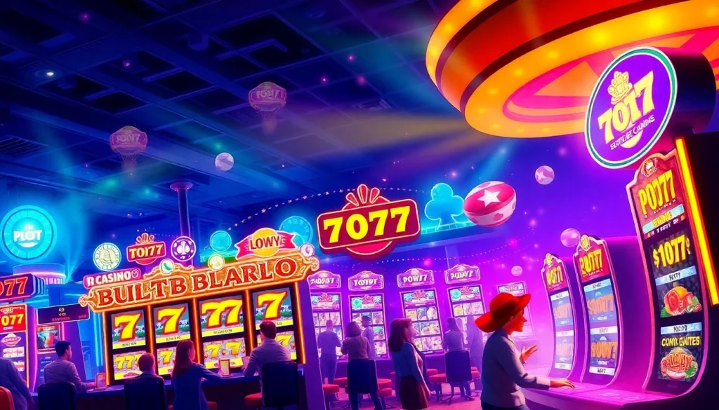 Engaging scene of สล็อต777 slots with enthusiastic players and colorful lights capturing the excitement of casino gaming.