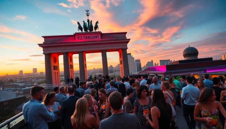 Guests celebrating at a Unique Berlin Events rooftop party with cocktails and city views.