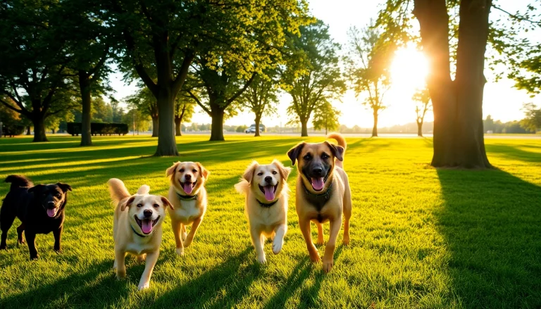 Kate's K9 Pet Care showcases happy dogs enjoying a sunny day in the park, emphasizing pet care and joy.