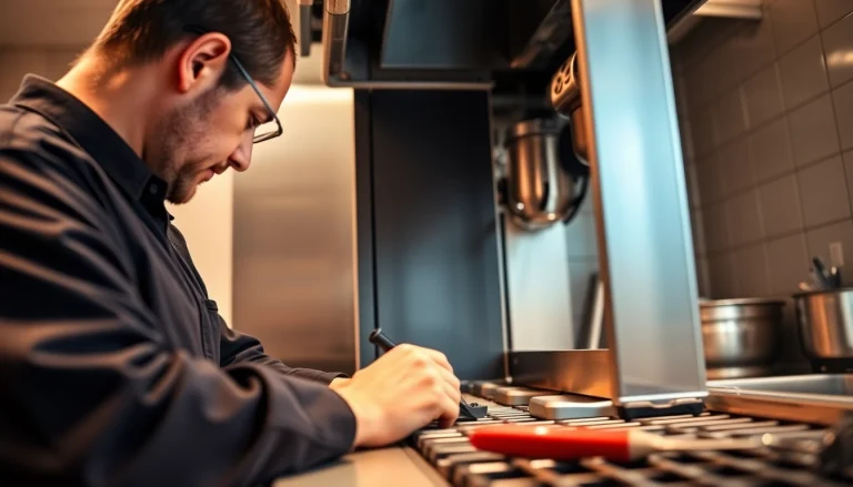 Technician performing chef base repair in a commercial kitchen with tools visible.