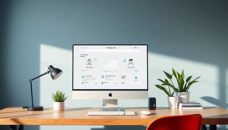 Showcasing AI marketing tools on a computer screen in a modern workspace.