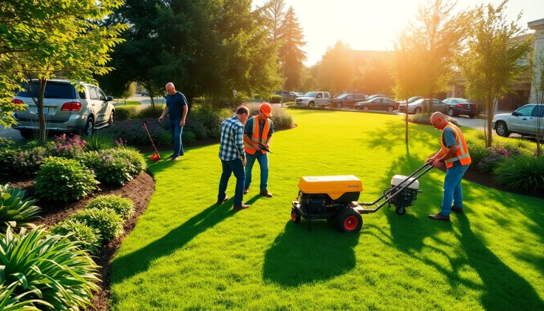 Commercial landscaping contractors renovating a beautiful garden area with professional tools.