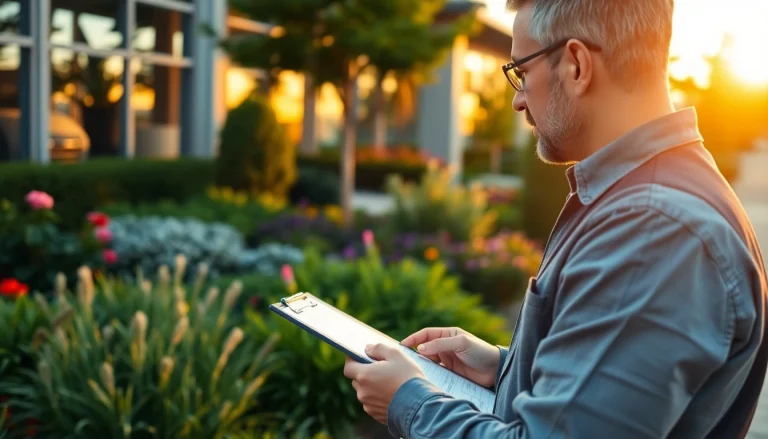 Commercial landscaping contractors evaluating a flourishing landscape for effective maintenance.