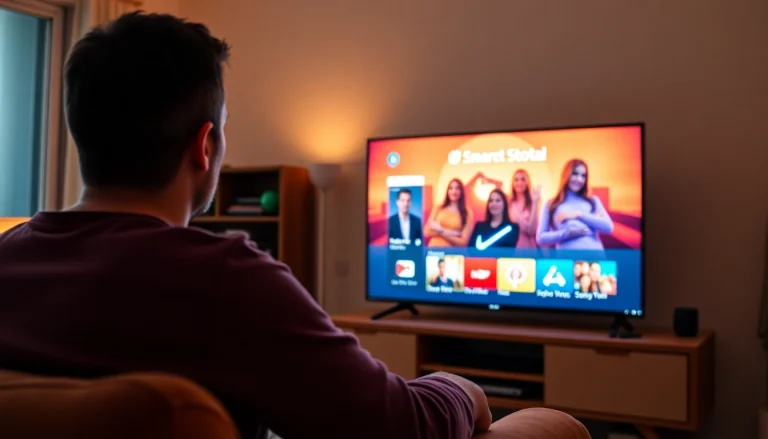 Experience the benefits of a free IPTV trial with a user enjoying a vibrant streaming interface on a smart TV.