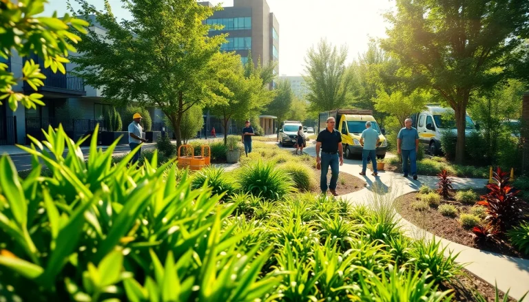 Commercial landscaping contractors designing a beautiful outdoor space with vibrant plants and teamwork.