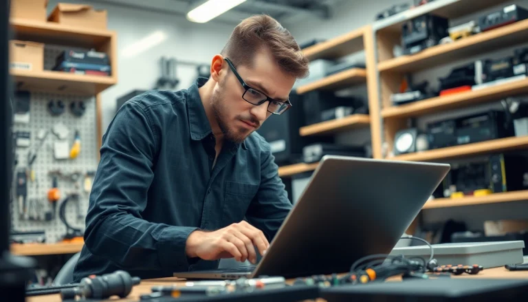 Riparazione computer settimo torinese con un tecnico che lavora su un laptop in un laboratorio moderno.