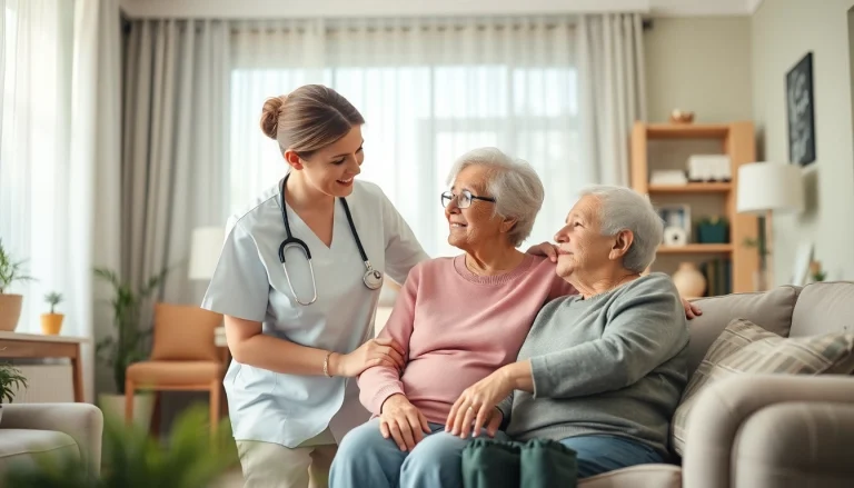 Home care package featuring a nurse providing personalized assistance to an elderly individual in a cozy setting.