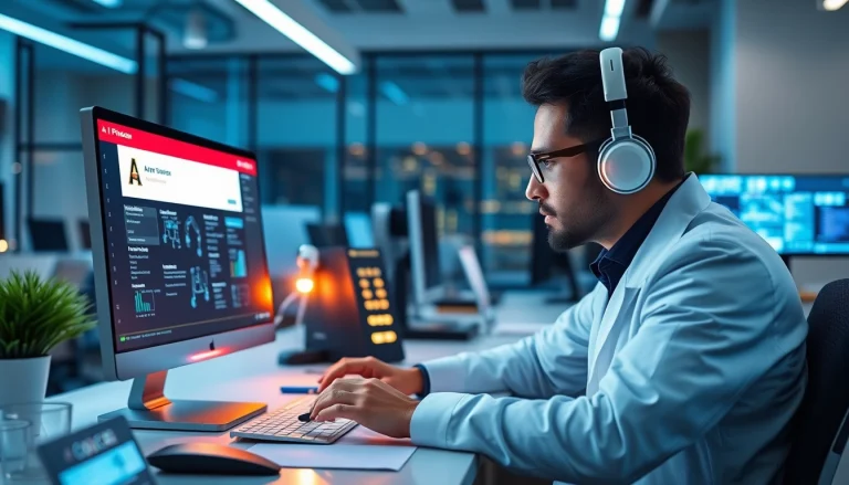 Researcher engaged in an AI Opinion search, utilizing advanced technology in a bright workspace.