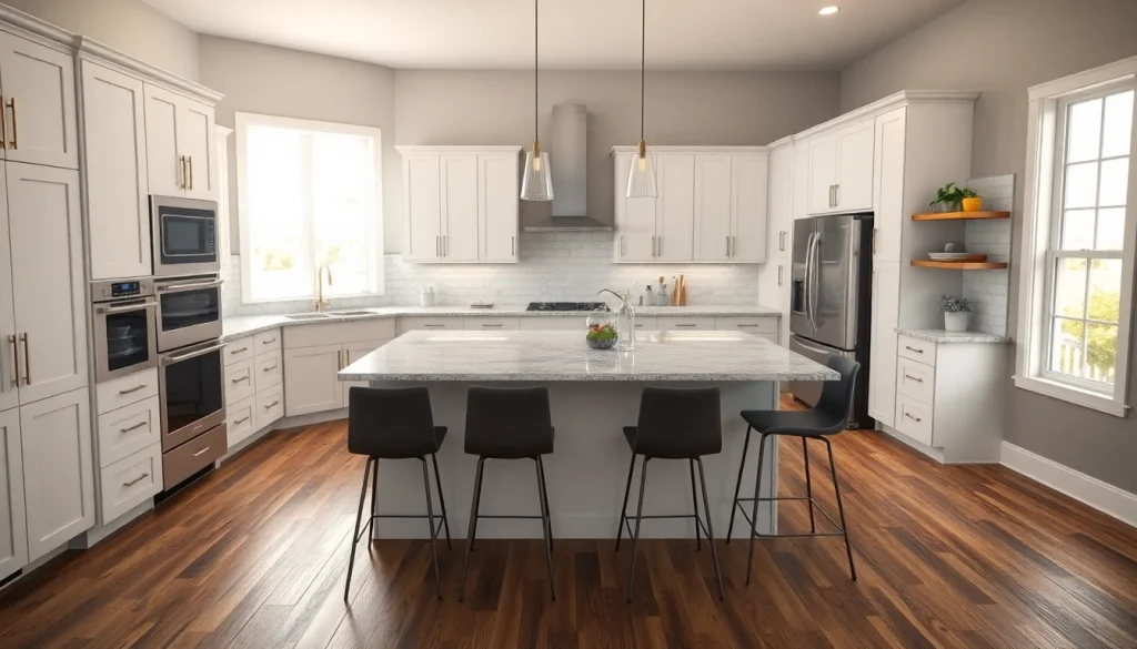 Stunning kitchen remodels showcasing a modern design with island and natural light.