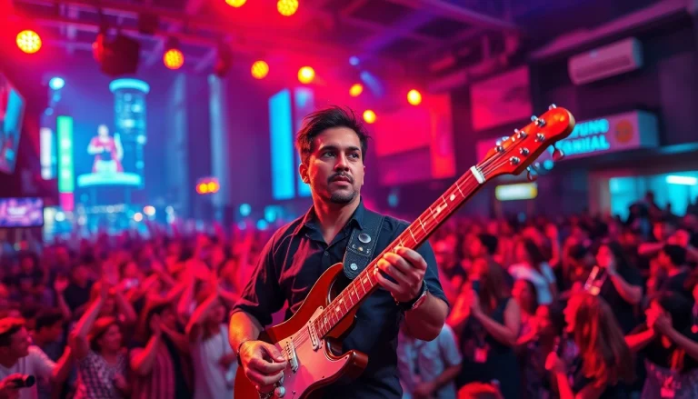 Music performance by an energetic artist capturing audience's attention with vibrant lights.