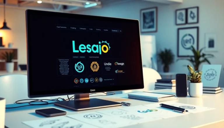 Designing an innovative AI business branding logo with professional tools in a modern workspace.
