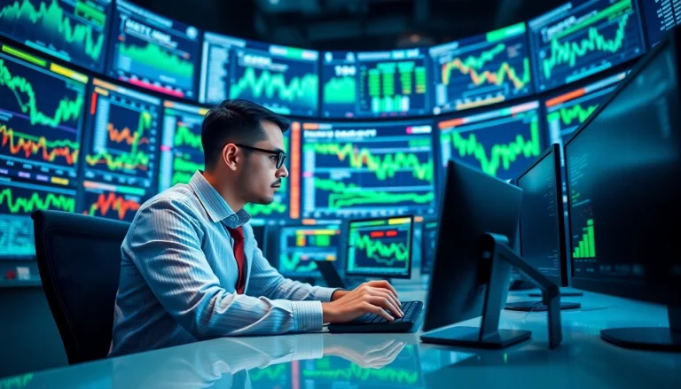 Trader analyzing trade futures market data on dual monitors in a busy financial office.
