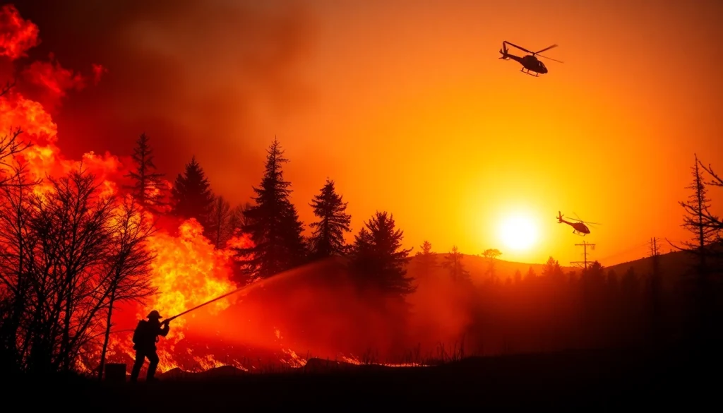 Illustration of wildfire events with firefighters battling flames during a dramatic sunset.