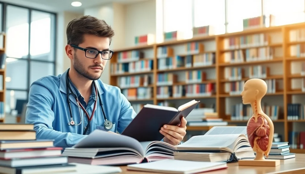 Medizinstudium ohne NC: Engagierter Student in einer hellen Bibliothek beim Lernen.