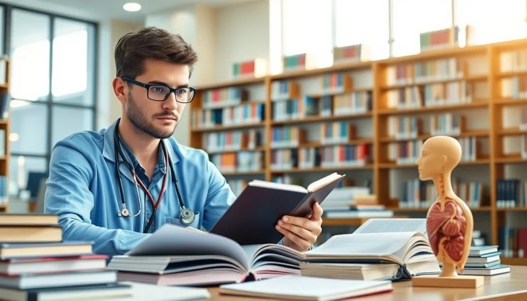 Medizinstudium ohne NC: Engagierter Student in einer hellen Bibliothek beim Lernen.