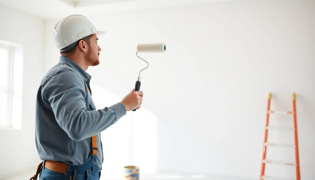 Engaging drywall painting scene of a contractor applying primer to fresh drywall.
