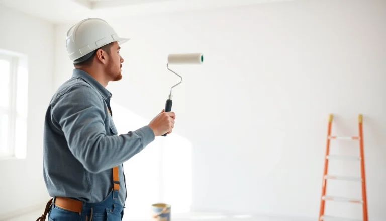 Engaging drywall painting scene of a contractor applying primer to fresh drywall.
