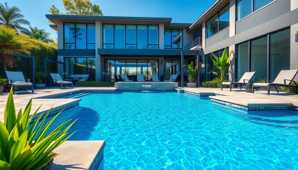 Stunning custom pool in a luxurious backyard, featuring elegant designs and clear blue water.