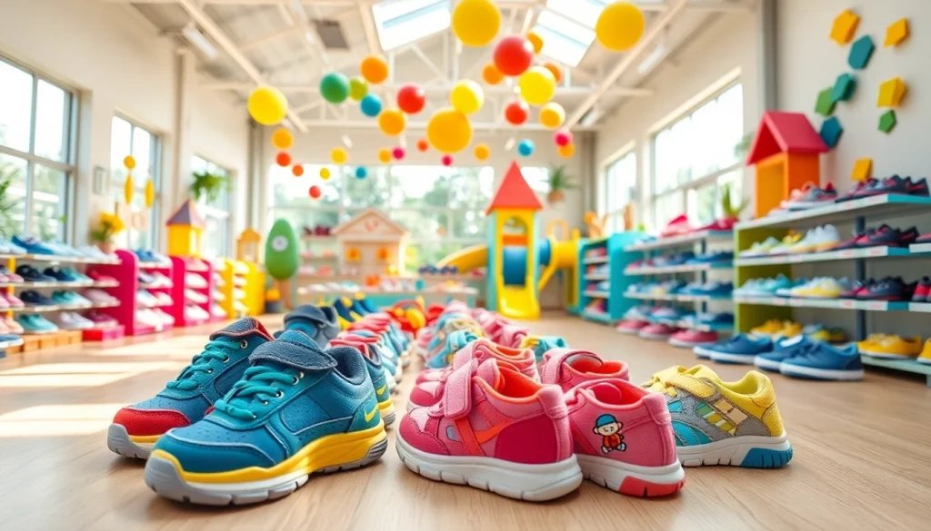 Kinder wählen atmungsaktive Kinderschuhe in einem lebhaften Schuhgeschäft aus