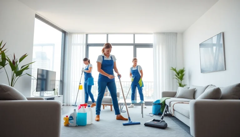 Skilled cleaners performing bond cleaning Brisbane in a spotless living room.