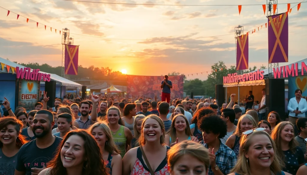Engage in thrilling wildfire events with a bustling outdoor atmosphere filled with joy and music.