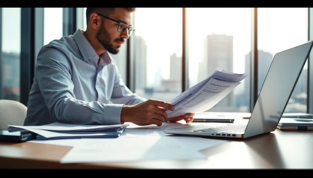 Accountant performing an impairment test with financial documents in a modern office.