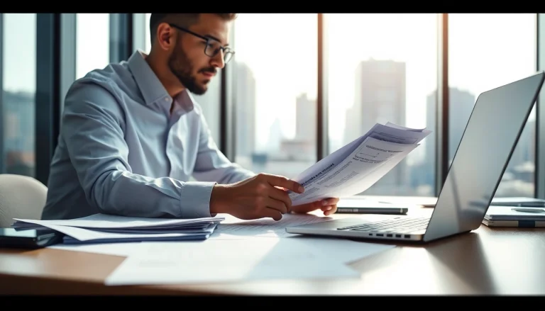 Accountant performing an impairment test with financial documents in a modern office.