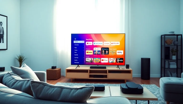 Engaging IPTV Subscription USA interface displayed on a modern smart TV in a cozy living room.