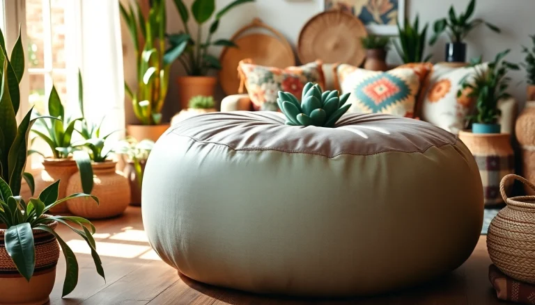 Shop luxurious cactus silk poufs from https://labboho.com/collections/cactus-silk-poufs in an inviting bohemian setting.
