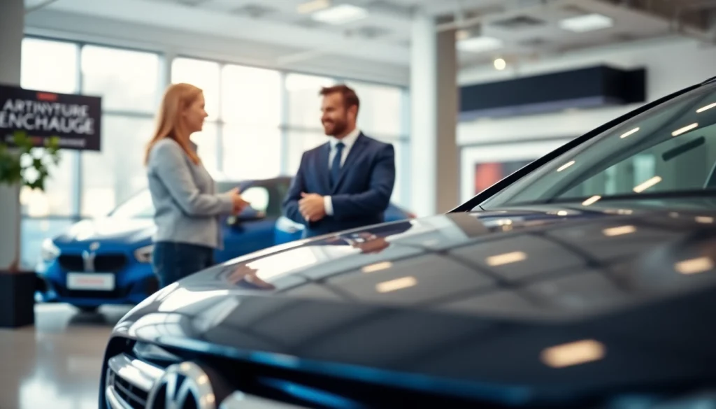 Engaging competitive car part exchange interaction at a dealership showcasing a friendly atmosphere.