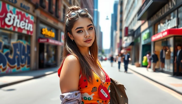 Explore reviews for shein clothing through a model's stylish urban showcase.