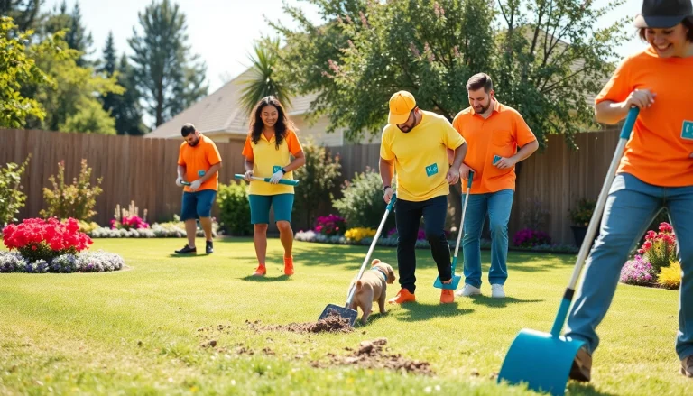 Capture of affordable pooper scooper service San Antonio with a duo of cleaners in action on a sunny lawn.