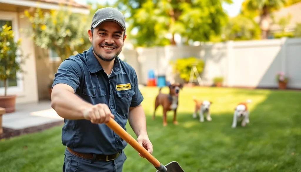 Engaging dog poop cleaning service professional removing waste from a lawn.