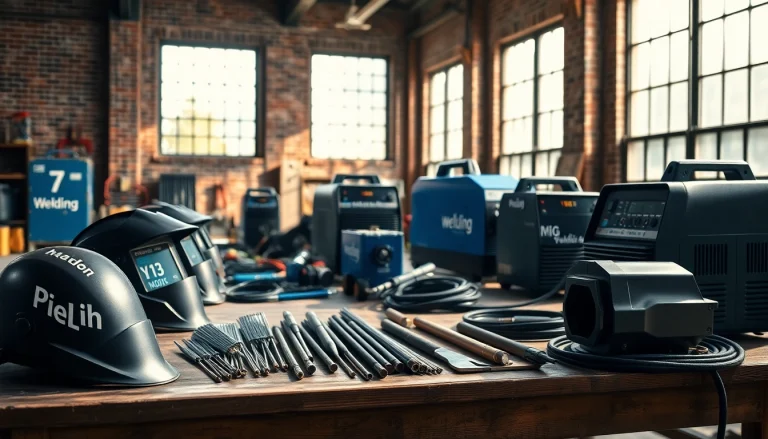 Shop for welding supplies near me with professional-grade equipment showcased on a workshop table.